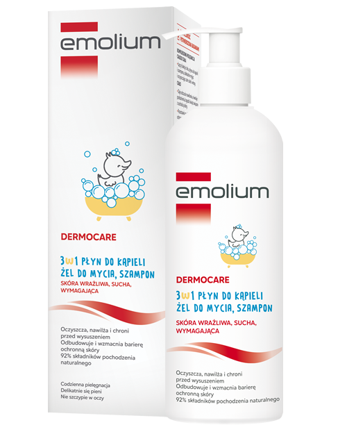 Emolium DERMOCARE 3w1 płyn do kąpieli, żel do mycia, szampon, 400 ml 